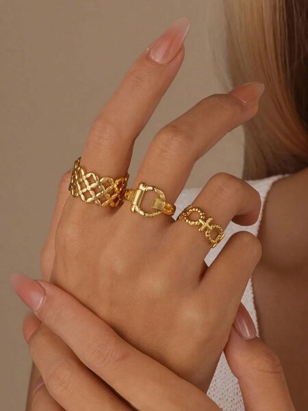 Shein - GEREIT 3pcs 18K Stainless Steel Asymmetrical Gold Ring Set,