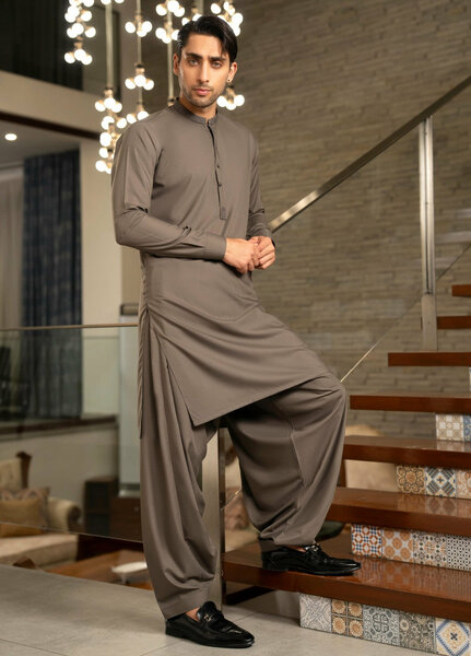 Stylish Garments Mens RTW Embroidered Wash N Wear Kurta Shalwar Suit Charcoal Green Casual Collection