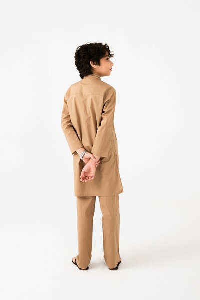 Boys Timeless Light Brown Emroidered Kurta Set
