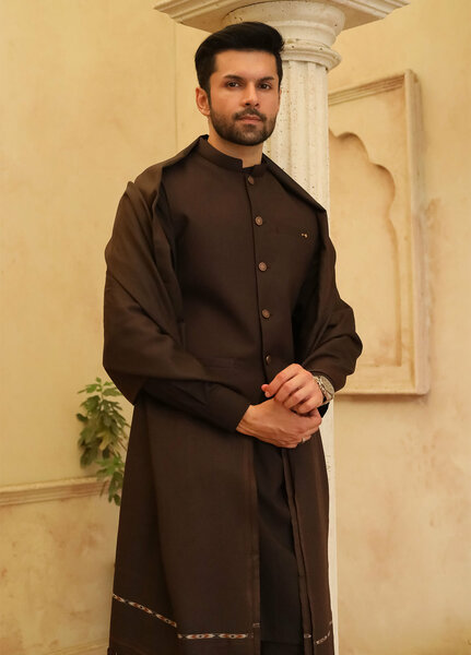 Mazham Mens Shawls Textured Wool 1 Piece Dark Chocolate Brown Winter Collection