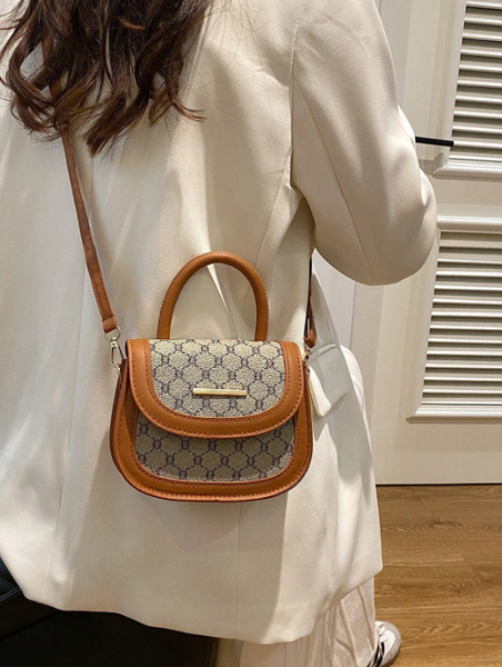 Shein - 1pc Brown PU Leather Decorated Metal Clasp Plaid Fashion Casual Tote Bag
