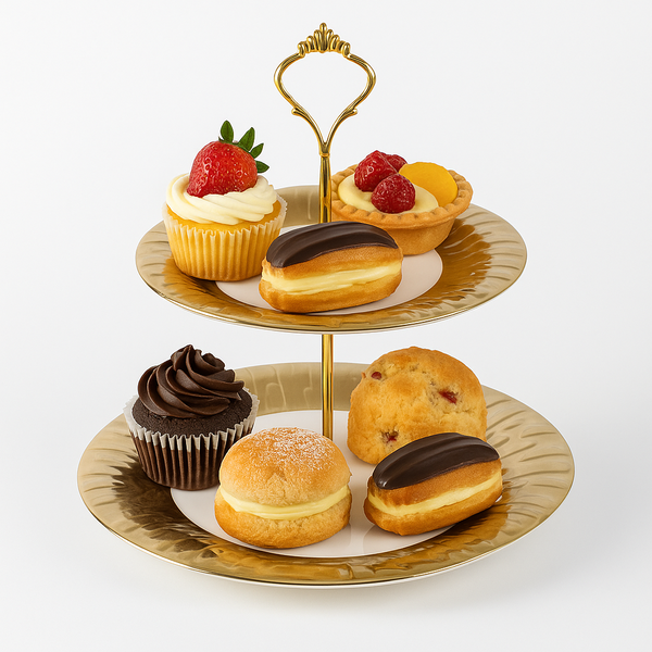2 Tier Pastry Stand – White &amp; Gold Ceramic Dessert Stand