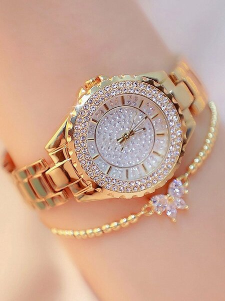 Shein - 1pc Rhinestone Decor Round Pointer Quartz Watch & 1pc Bracelet