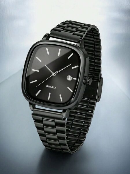 Shein - 1pc LUCKYFOX Minimalist Retro Steel Band Square Dial Calendar Watch