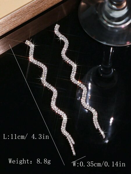Shein - 1 Pair Elegant S-Shaped Multi-Layer Crystal Rhinestone Tassel Earrings - Silver