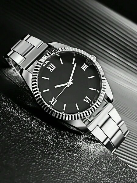Shein - 1pc Men's Steel Band Quartz Watch - Black Dial