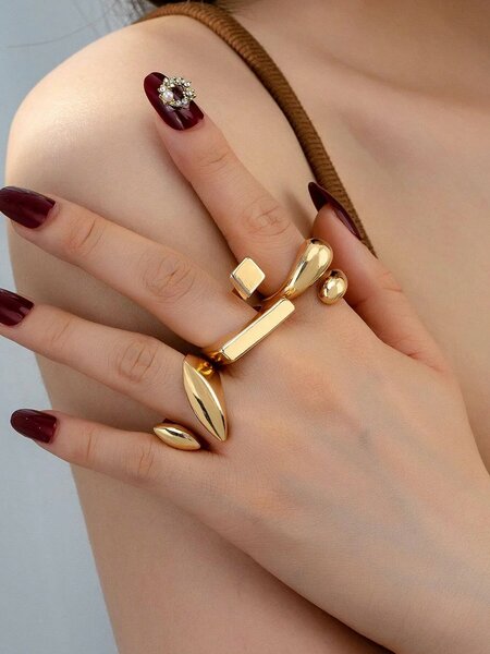 Shein - 3pcs Geometric Hollow-Out Gold Color Rings Set