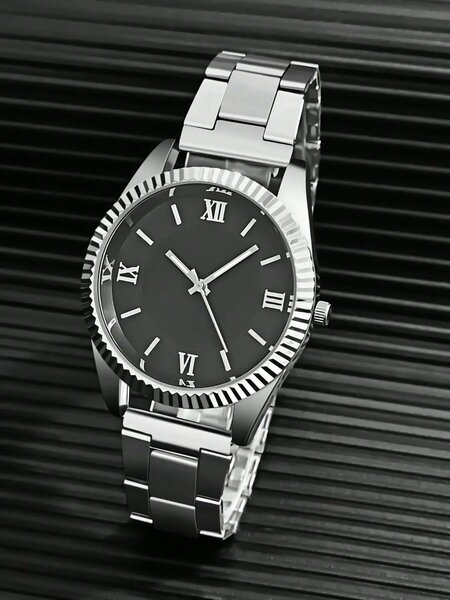 Shein - 1pc Men's Steel Band Quartz Watch - Black Dial