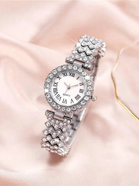 Shein - 2pcs Ladies Roman Numerals & Rhinestone Decor Quartz Watch And Heart Charm Bracelet Set