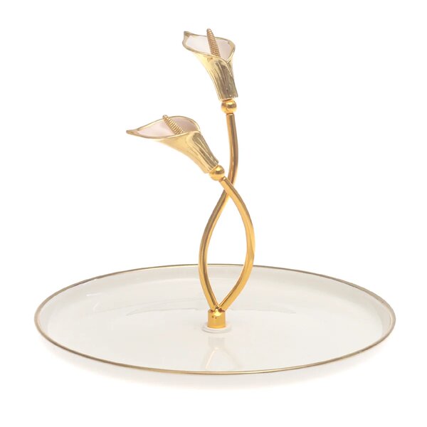 Gold & White Decorative Serving Platter 8 Inch – Elegant Glass Platter with Floral Handle