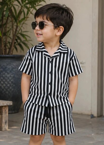 BabyCo Kids RTW Printed Cotton Co-Ord Sets Suit Monochrome Stripe Resort - Casual Collection