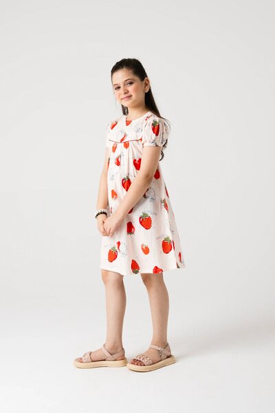 Strawberry Sketch Printed Cotton Dress