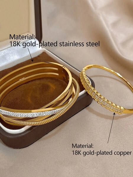 Shein - 18K Gold Plated Stainless Steel Luxury Vintage Zirconia Bangle Bracelets