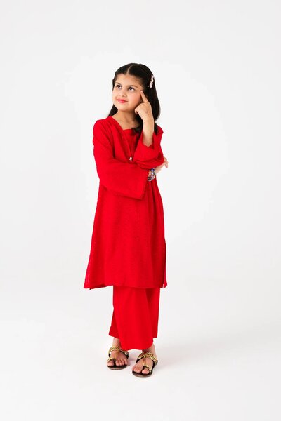 Red Chikankari Suit Set - 3pc