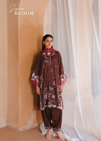 Cross Stitch Unstitched Embroidered Cotton Satin 3 Piece Suit CS26UCS Sepia Bloom - Winter Collection
