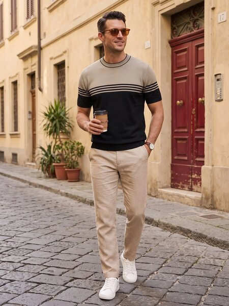 Brown & Black Premium Knitted Crew Neck T-Shirt (SKCN-072)