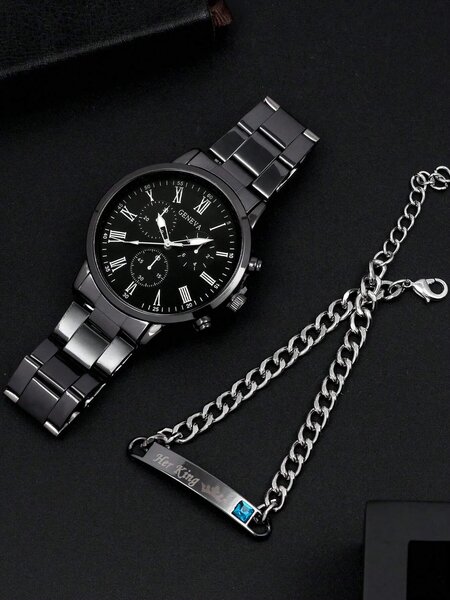 Shein - 2pcs/Set Fashionable Business Men's Round Black Steel Band Quartz Watch