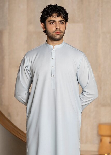 Buraq Men RTW Solids Wash N Wear Kurta Shalwar Suit Ice Blue Ban Casual Collection
