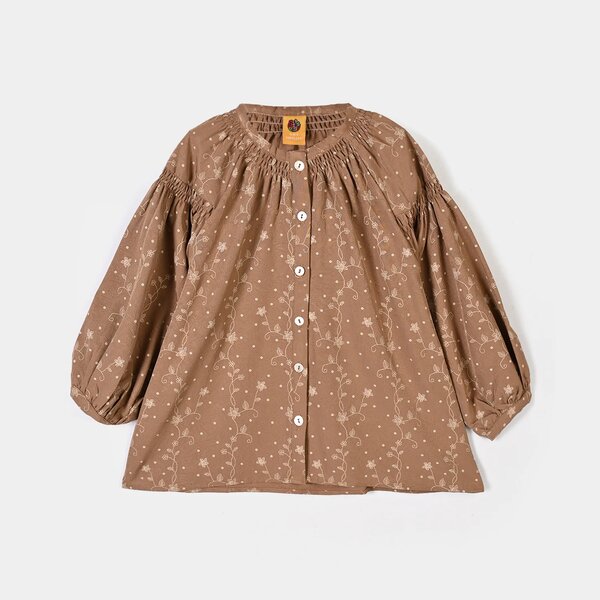 Girls Poly Cotton Casual Top Tiny Floral - Brown