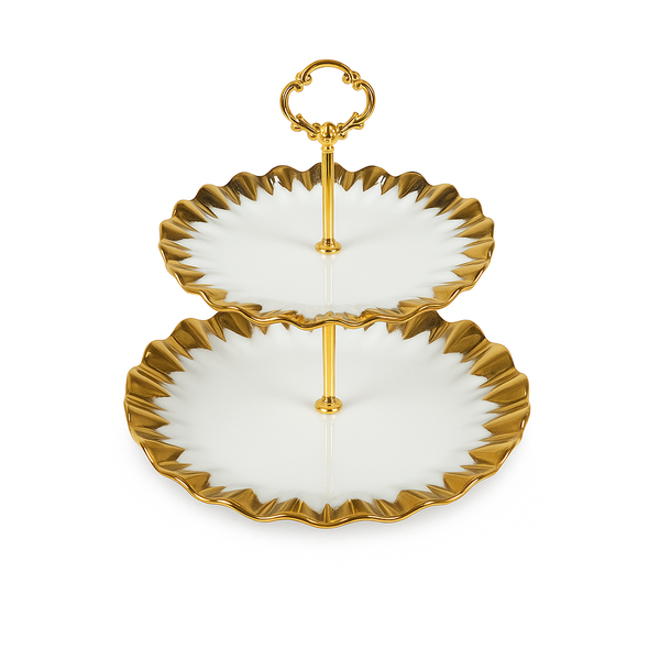 Super Dine 2 Tier – White & Gold Ceramic Serving Stand