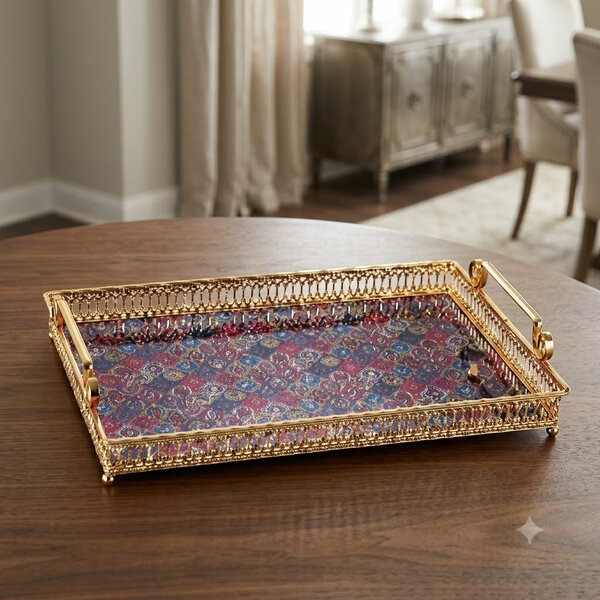 Luxury Gold Decorative Serving Tray with Abstract Glass Base