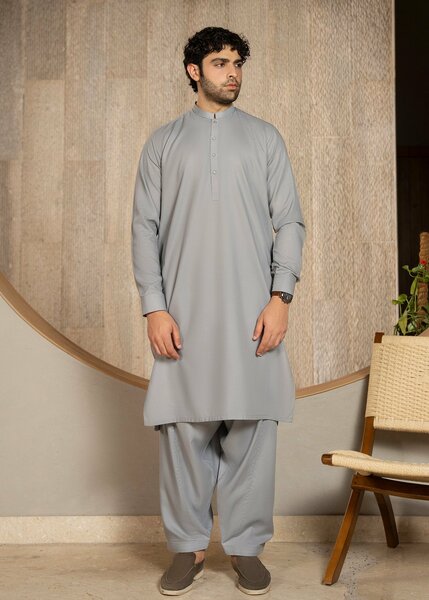 Buraq Men RTW Solids Wash N Wear Kurta Shalwar Suit Grey Casual Collection