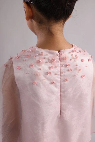 Fiore | Girls' pink occasion dress with scalloped organza cape and floral embellishment