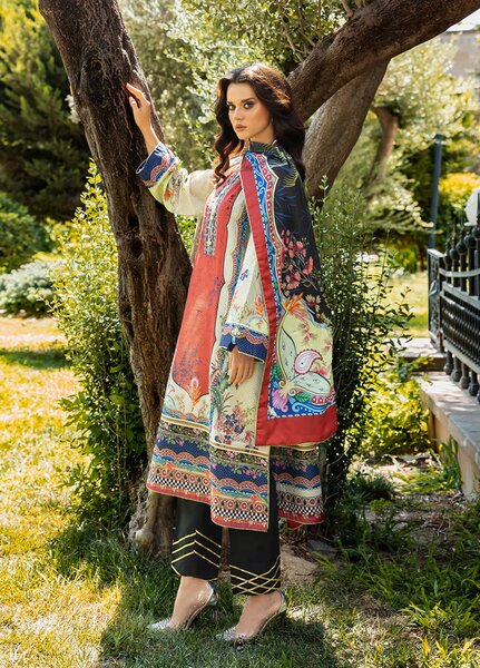 Mushq Hemline Echoes Of Serneity Unstitched Festive Raw Silk Printed 3 Piece MQ25ES D-05 Ethereal Gleam - Festive Collection