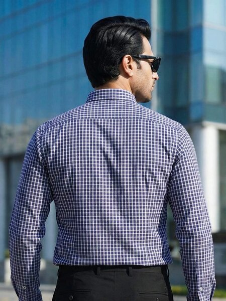Navy Blue Checkered, Elite Edition, Cutaway Collar Men’s Formal Shirt (FS-2686)