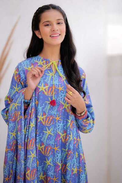 Senorita Girls RTW Girls Blue and Multicolor Casual 3 Piece Suit Marina Fabric Printed GAD-02477 - Winter Collection