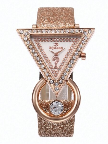 Shein - 1pc Diamond Studded Personalized Fashion Quartz Wristwatch & 3pcs Jewelry Set Including Creative Triangle Rutilated Quartz