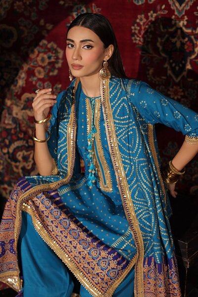 3 Piece Embroidered Raw Silk Suit