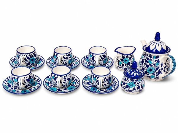 Handcrafted Multi Blue Pottery Ceramic Tea Set – 15 Piece Floral Tea Serving Set