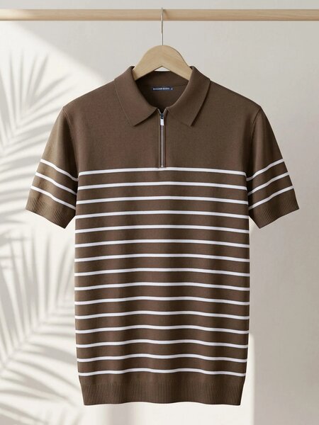 Golden Brown Striped Knitted Zipper Polo (SKZP-075)