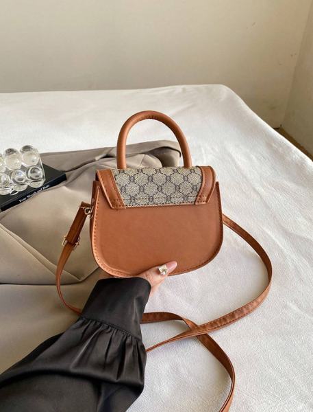 Shein - 1pc Brown PU Leather Decorated Metal Clasp Plaid Fashion Casual Tote Bag