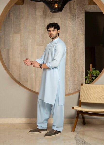 Buraq Men RTW Solids Wash N Wear Kurta Shalwar Suit Sky Blue Casual Collection