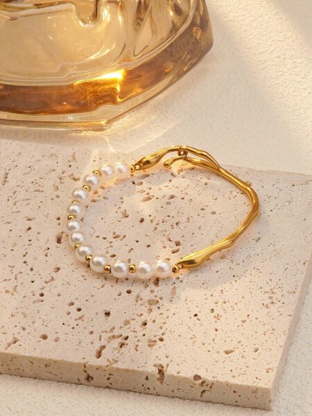 Shein - Vcetd 1Pc Elegant Vintage Style Stainless Steel Bead Decor Bracelet