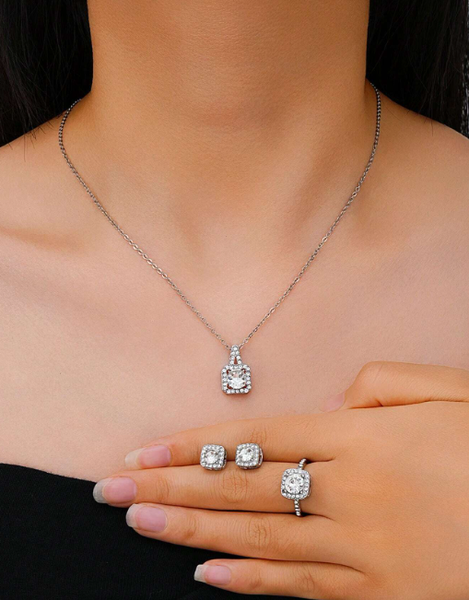 Shein - 4pcs/Set Fashionable Minimalist Luxury Elegant Titanium Steel Cubic Zirconia Square Earrings, Ring, Pendant Necklace Jewelry Set