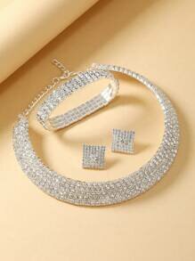 Shein - 4pcs High-End And Elegant Silver-Color Water Drop Rhinestone Collar Jewelry Set