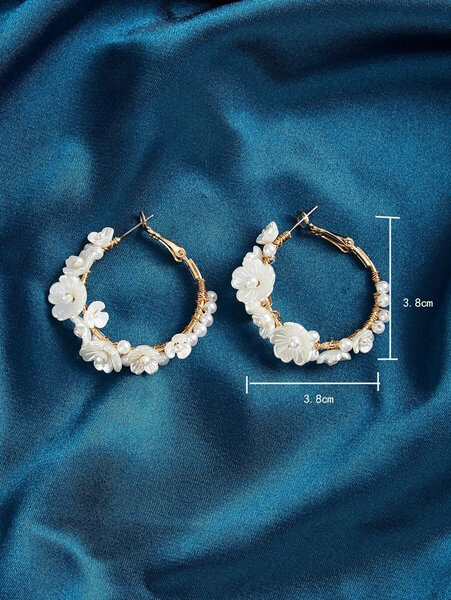 Shein - Flower & Faux Pearl Decor Hoop Earrings