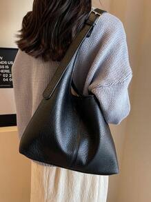 Shein - 2pcs/Set Parent-Child Black PU Leather Litchi Pattern Large Capacity Simple Casual Shoulder Bag
