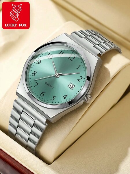 Shein - 1pc LUCKYFOX Quartz Watch, Minimalist Vintage Steel Strap Small Square Dial Calendar