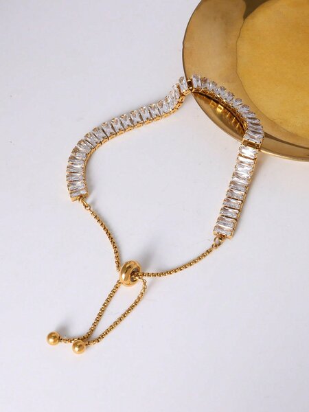 Shein - 1pc French Style Minimalist Stainless Steel Chain Bracelet With Star & Cubic Zirconia Decor For Girls' Vacation Style