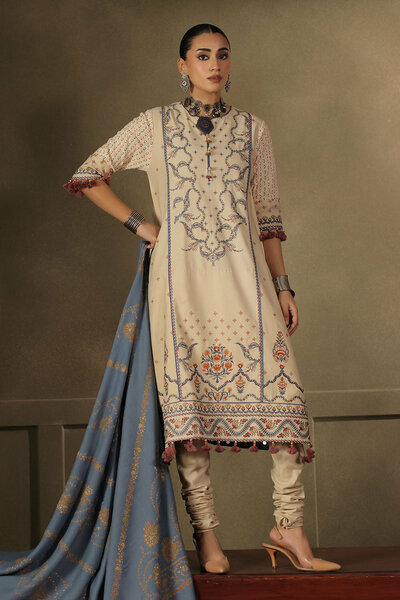 3 Piece Embroidered Cotton Linen Stripe Suit