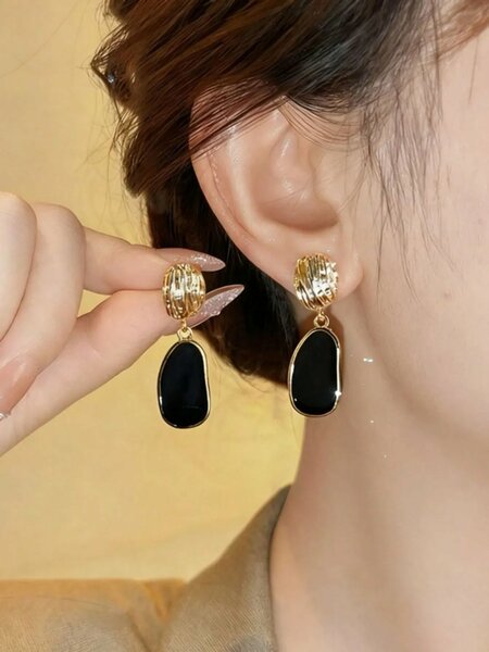 Shein - 5pcs/Set Fashionable Casual French Elegant Asymmetrical Geometric Black Drip Glaze Heart & Faux Pearl Earrings, Chic Minimalist Design, High-End Earring Set Suitable For Women's Daily And Holiday Wear