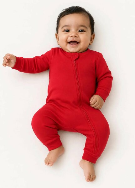 Lambkin Kids RTW Solids Cotton 1 Piece Red Zipper Romper - Casual Collection