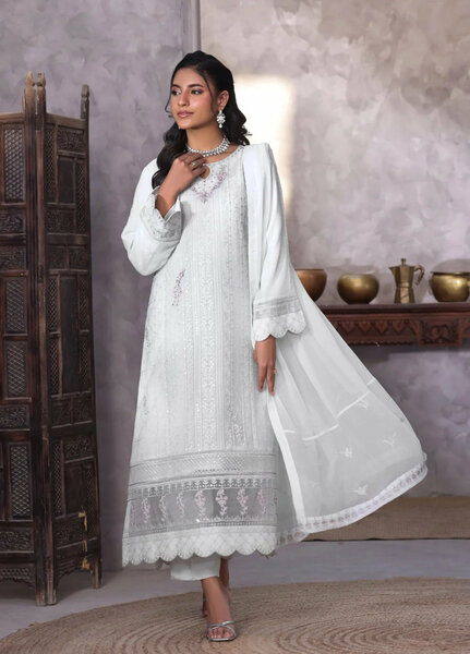 Gul Bano by Shamooz RTW Embroidered Crinkle Chiffon 3 Piece Suit SHM26RG Mist Grey I-CH-0019 - Festive Collection