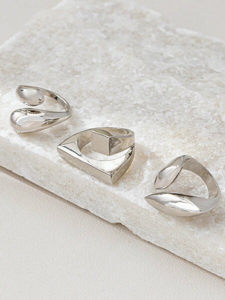 Shein - 3pcs Geometric Hollow Gold-Tone Rings, Minimalist Rings Set