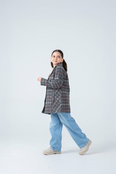 Girls' Grey Checkered Felt Coat