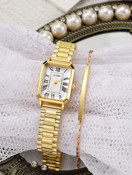 Shein - 2pcs/Set: Elegant Fashion Women's Quartz Watch With Roman Numeral Dial And Minimalist Steel Band